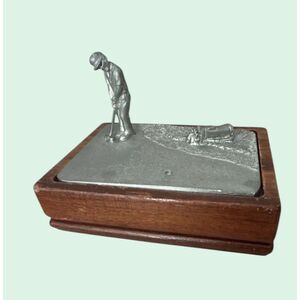 Vtg Kirk Stieff Pewter Golfer Box w/ Wood Base Golf Trinket Jewelry